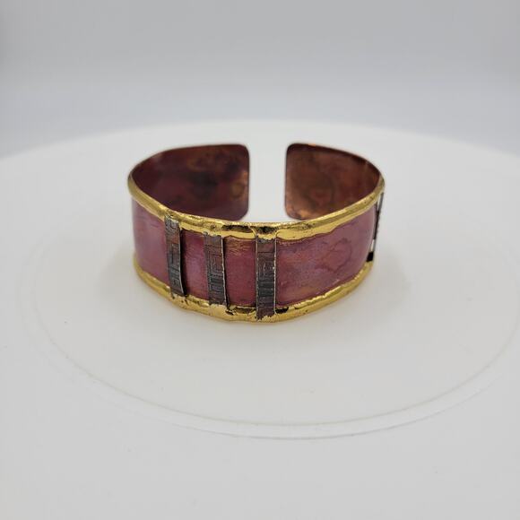 Cuff Bracelet Red Gold Handmade Copper & Brass Bangle Statement Bracelet - Picture 4 of 13